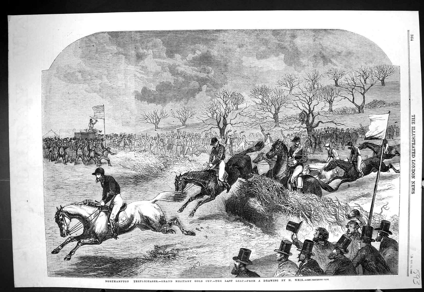 Antique Print 1860 Northampton Steeplechase Military GCup Horses Monument W