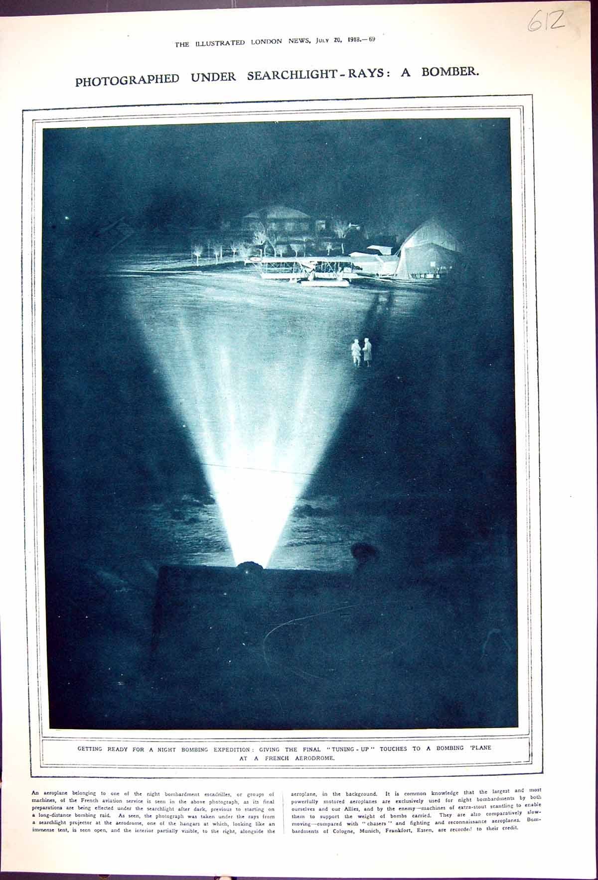 Old Print 1918 Searchlight Bombing Aeroplane French Aerodrome Siers Fran 20th