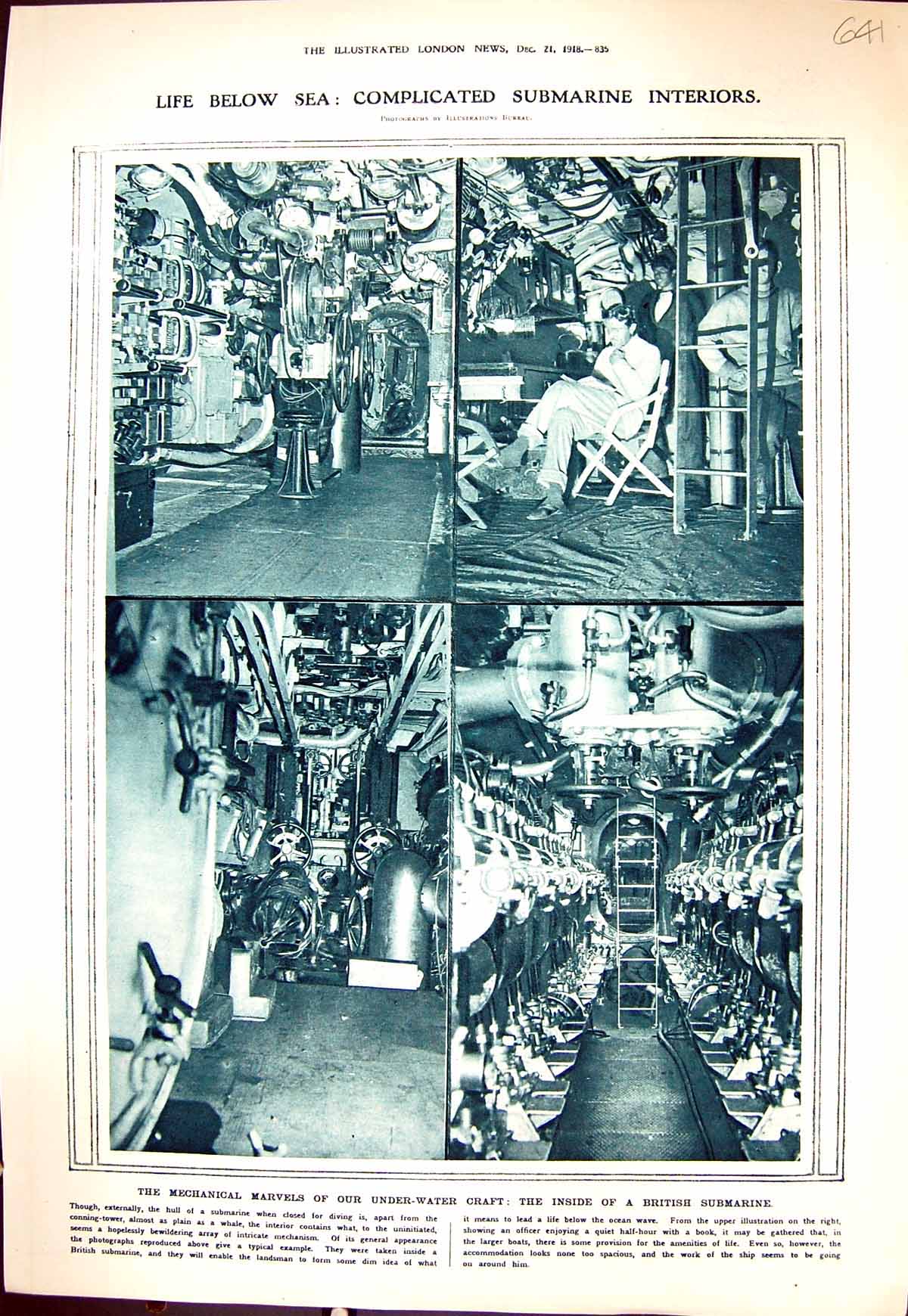 Old Print 1918 Interior British Submarine War Siers Mons R.F.A. German A 20th