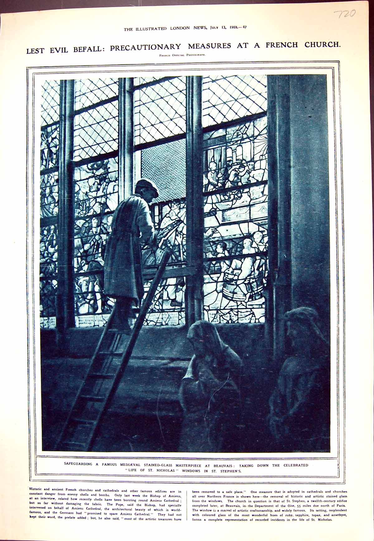 Old 1918 Mediaeval Stained Glass Window Beauvais St. Stephens Church 20th