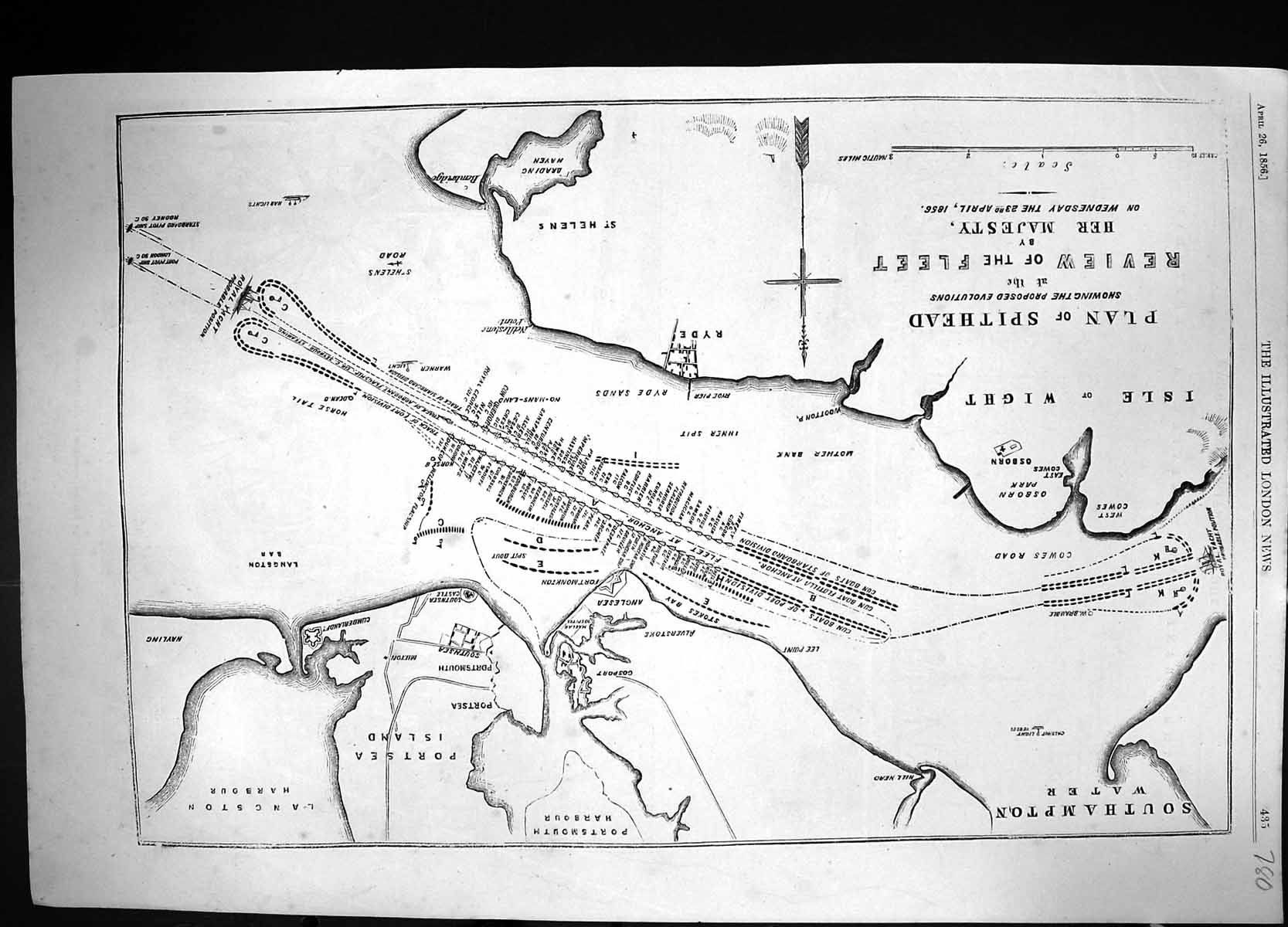 Old 1856 Plan Spithead Ships War Naval Review Blenheim Portsea Isle W 19th