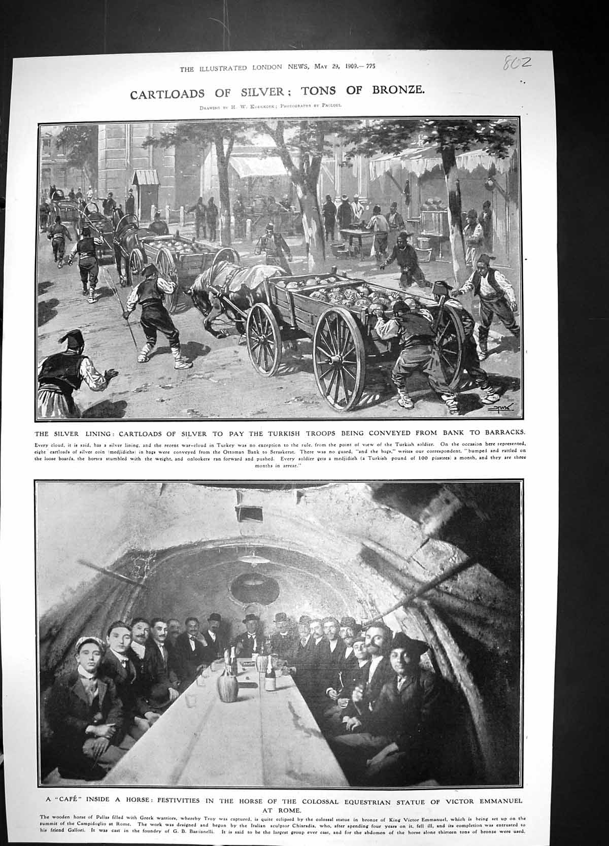 Old Print 1909 Silver Cart Turkish Siers War CafÇ Horse Statue Emmanuel 20th