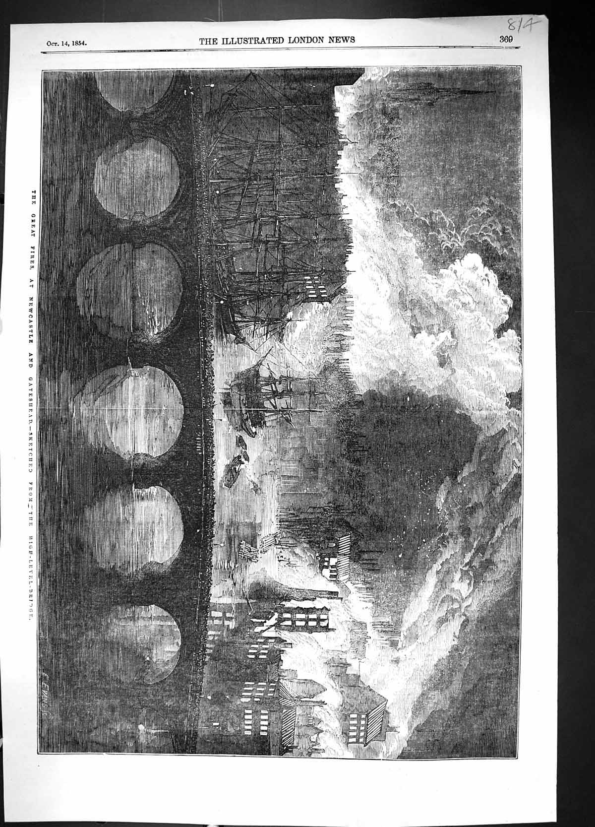 Old 1854 Great Fires Newcastle Gateshead Ships Bridge Saints Church G 19th