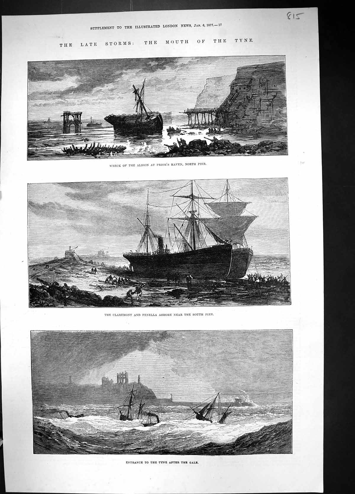 Old 1877 Storm Tyne Ship Wreck Albion Claremont Fenella Imperial Stan 19th