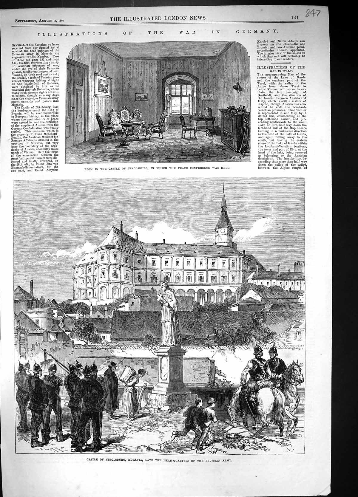 Old 1866 Castle Nikolsburg Germany Moravia Prussian Army Map Lake Gar 19th