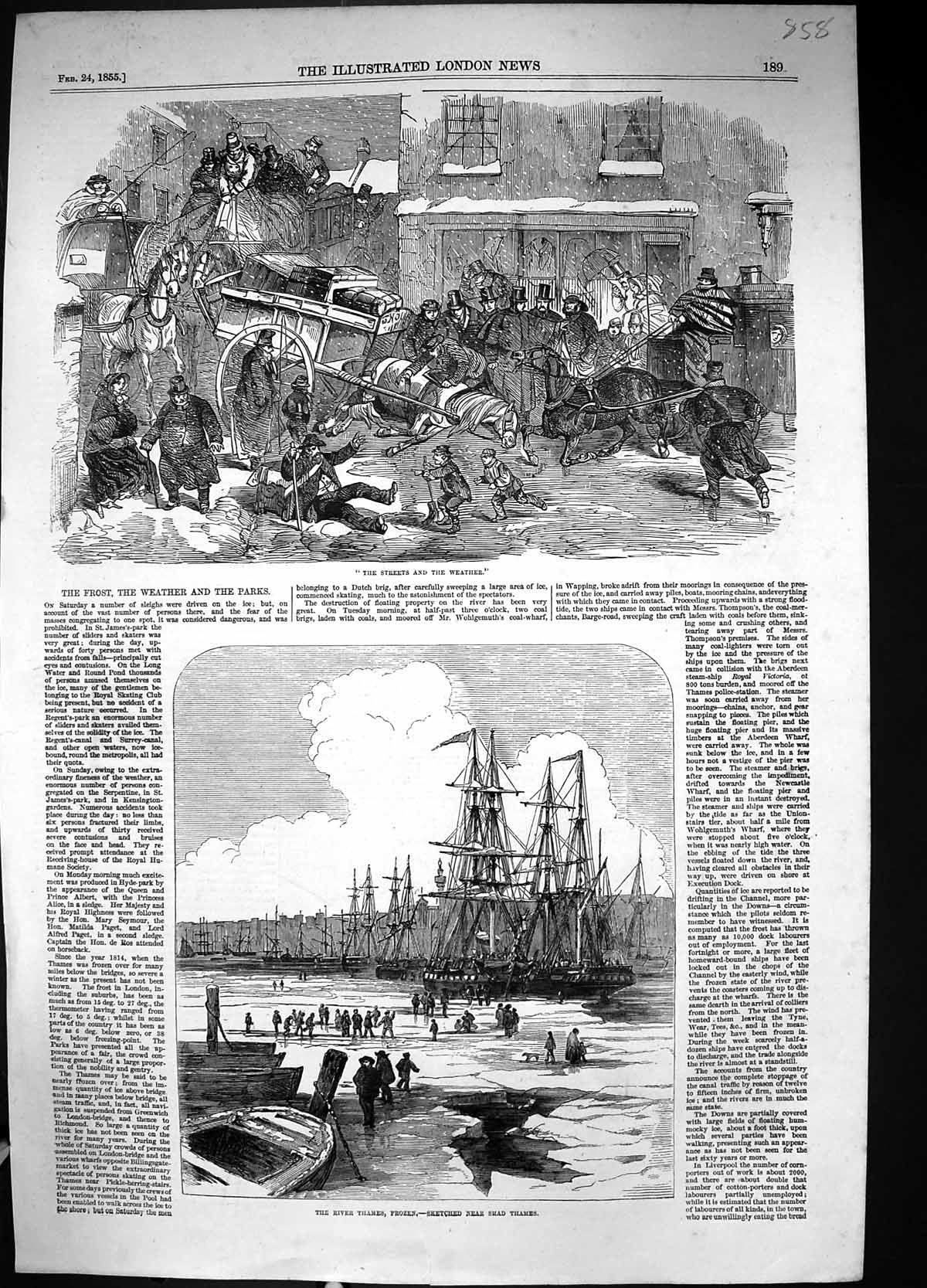 Old 1855 Street Scene Winter Weather Frozen River Thames Shad Skating 19th