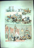 Original Old Antique Print Colour English War Officers Fox Hunting Egypt Sport