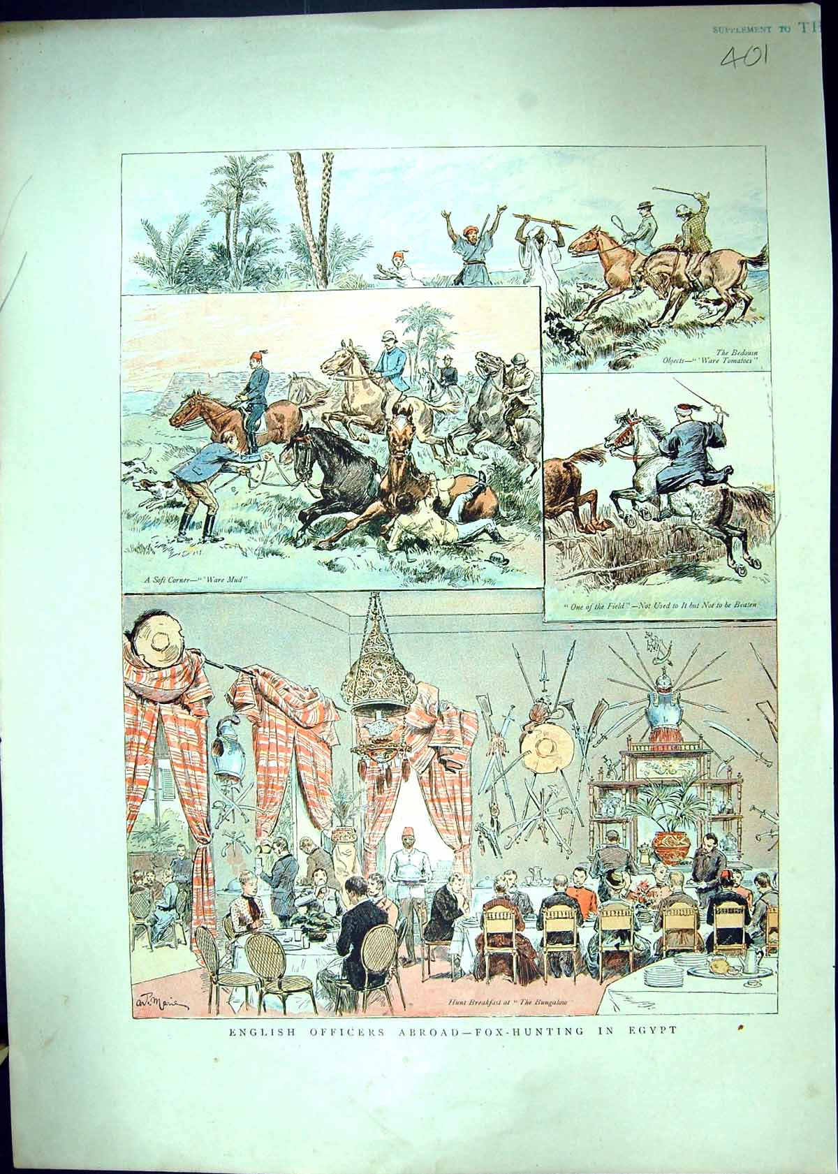Original Old Antique Print Colour English War Officers Fox Hunting Egypt Sport