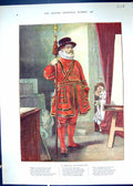 Antique Old Print 1878 Colour Model Beefeater Tower London Uniform Children