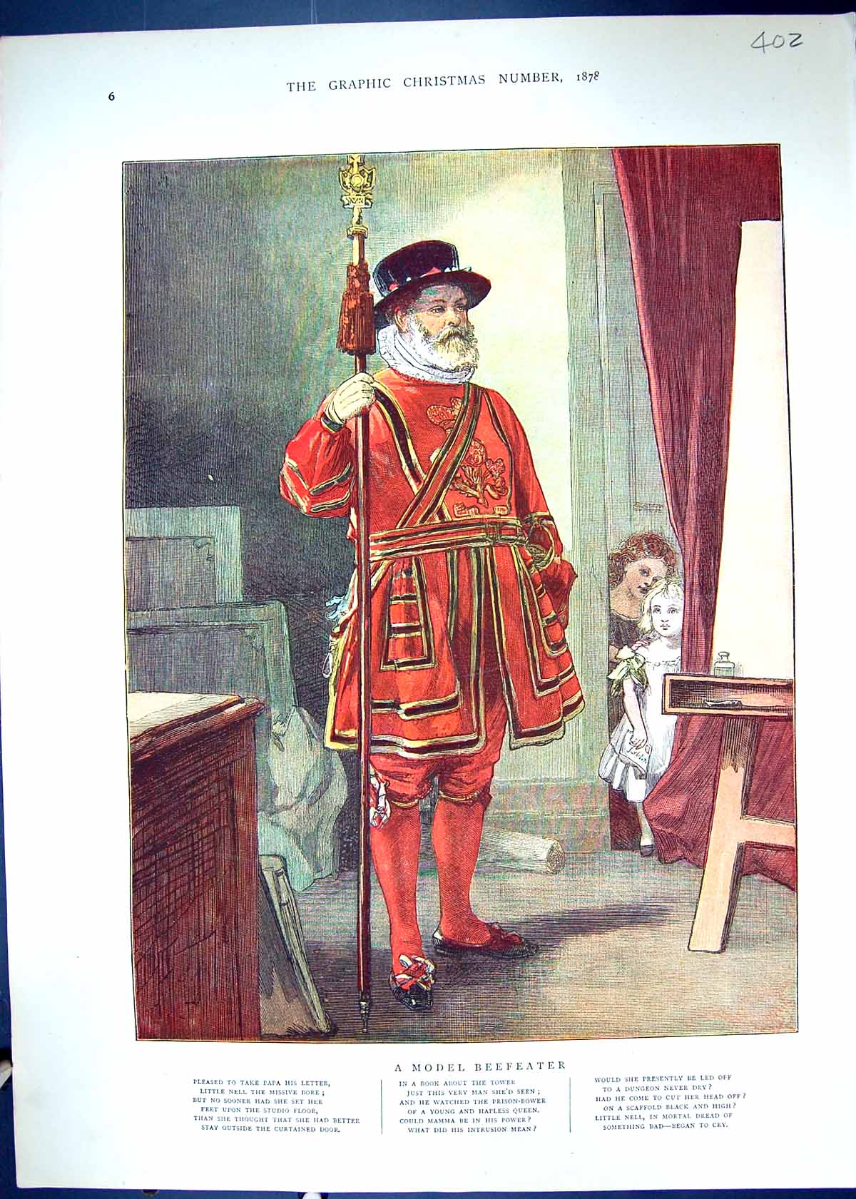 Antique Old Print 1878 Colour Model Beefeater Tower London Uniform Children