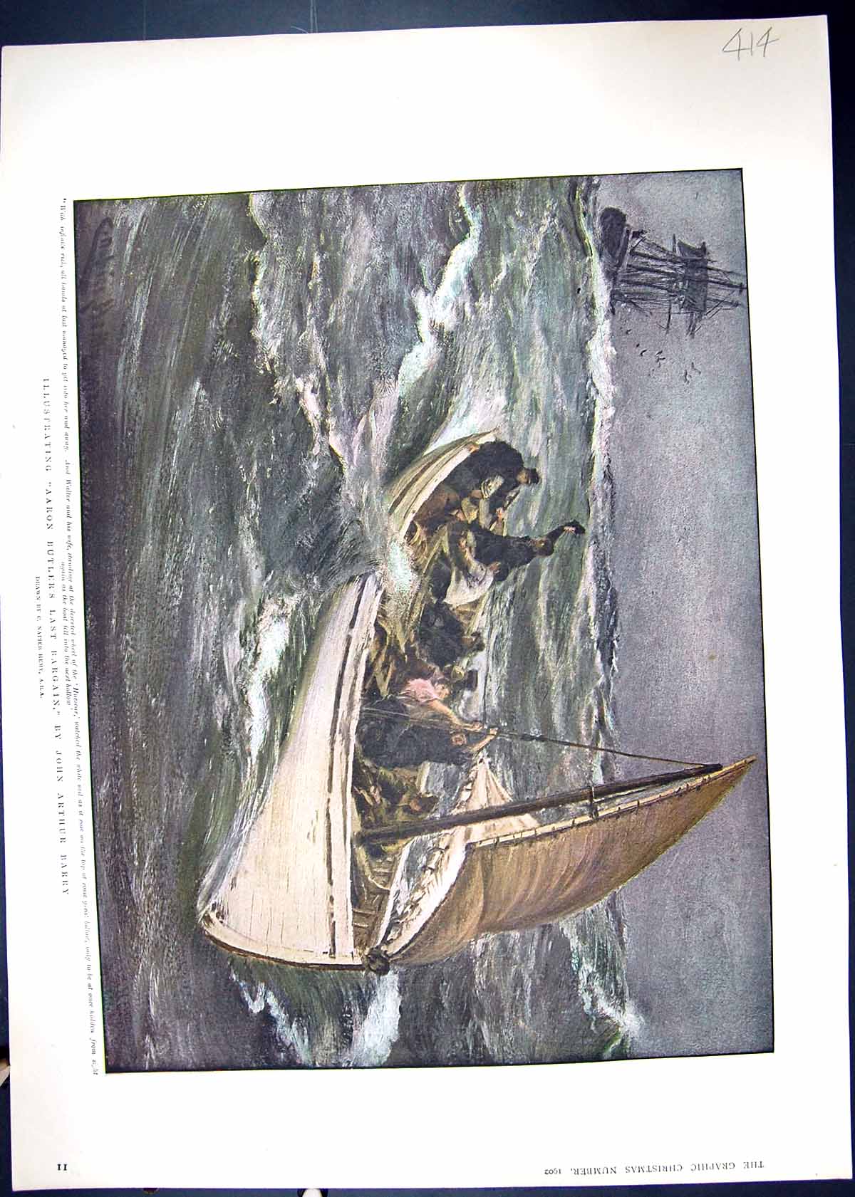 Old 1902 Illustration Story Aaron Butler'S Last Bargain Sailing Boat 20th