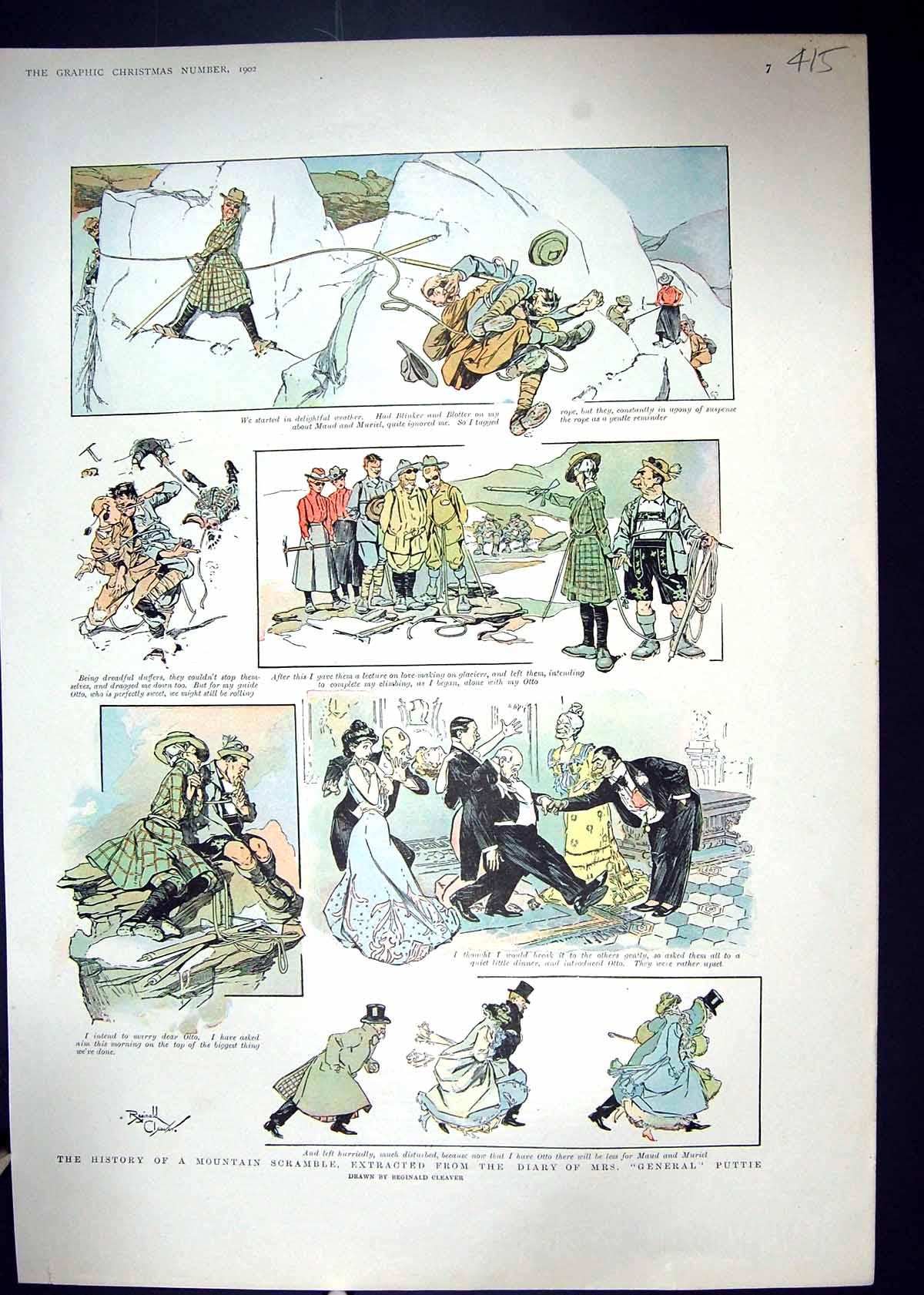 Antique Old Print 1902 Colour History Mountain Scramble Diary General Puttie