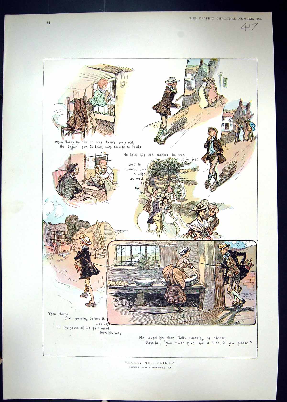 Old Print 1902 Colour Illustration Story Harry Tailor Dolly Making Cheese 20th