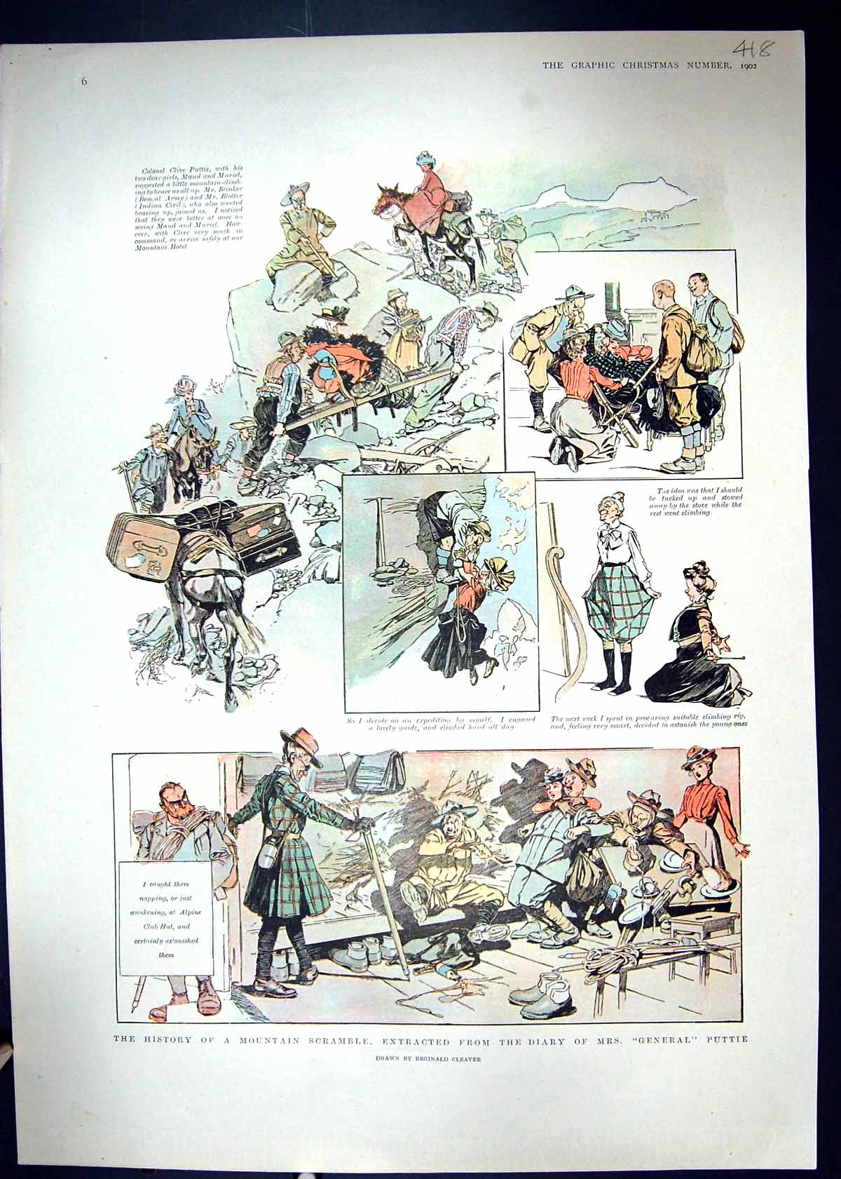 Antique Old Print 1902 Story History Mountain Scramble Diary General Puttie