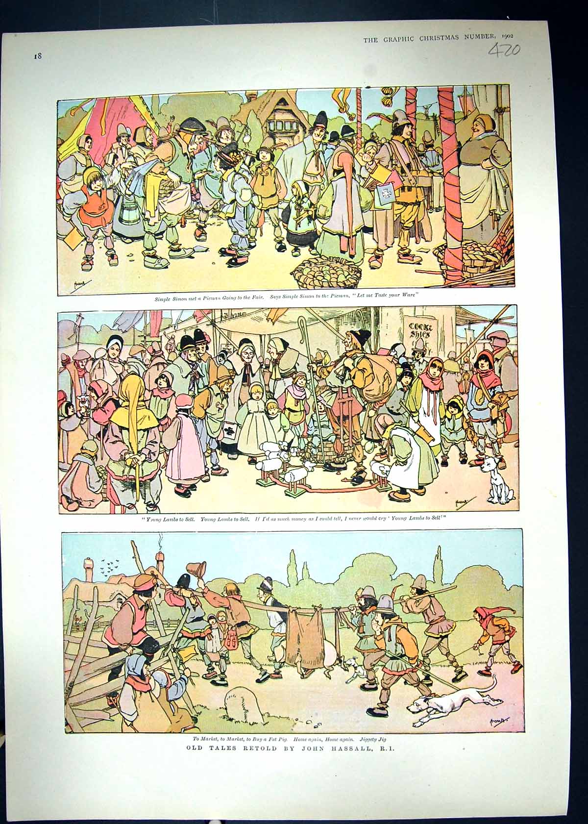 Old 1902 Illustration Story John Hassall Market Simple Simon Nursery 20th