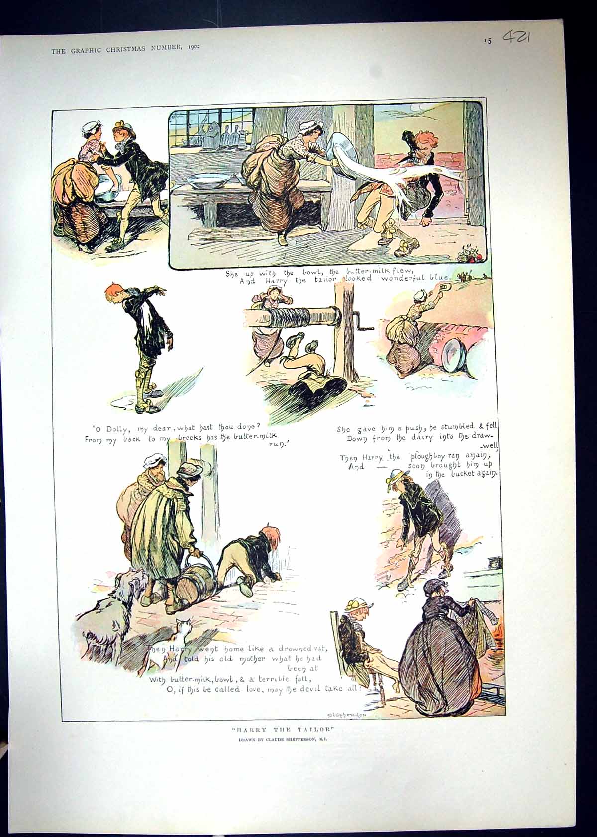 Old Print 1902 Illustration Story Harry Tailor Dolly Cat Butter-Milk Bowl 20th