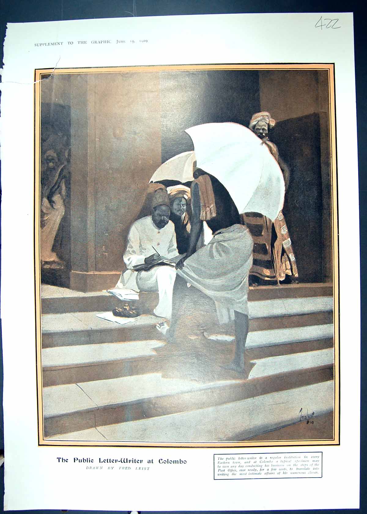Old Print 1909 Public Letter Writer Colombo Steps Post Office Fred Leist 20th