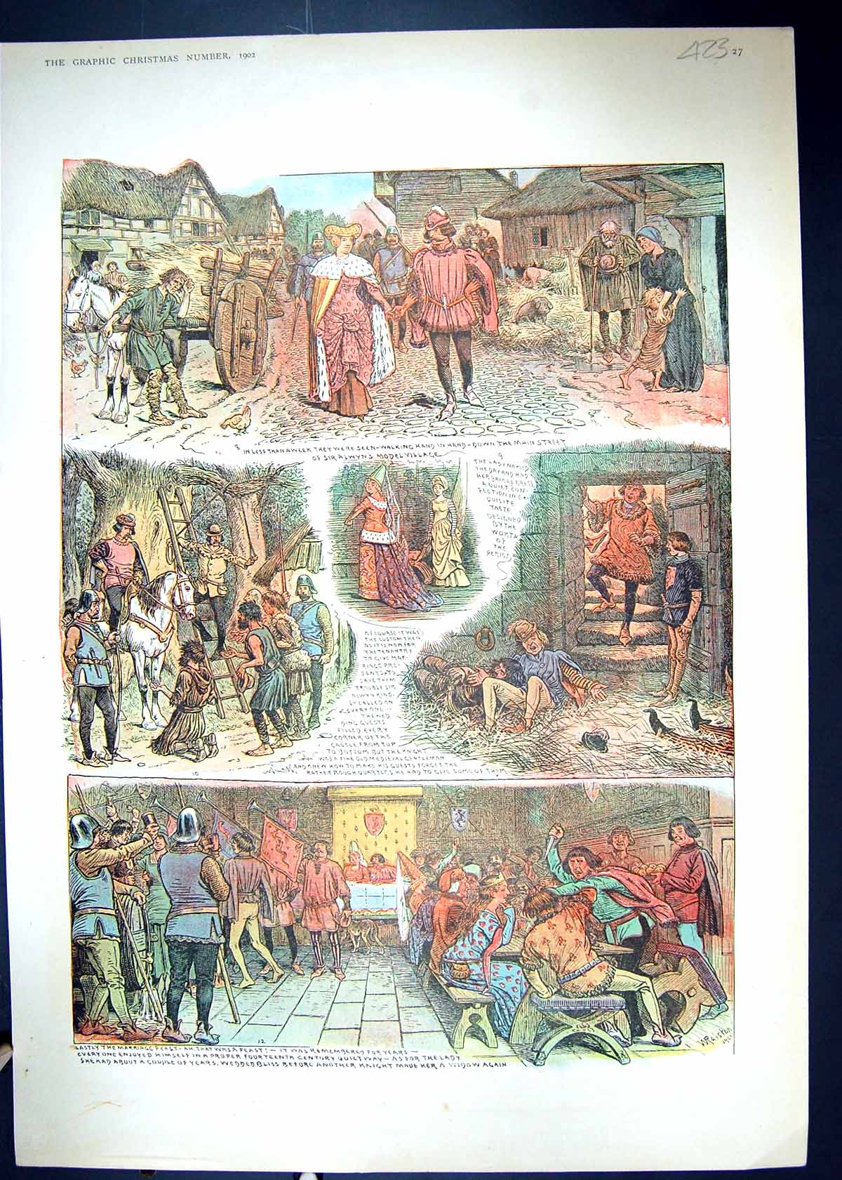 Antique Old Print 1902 Colour Sir Alwyn Model Village Romance Marriage Feast