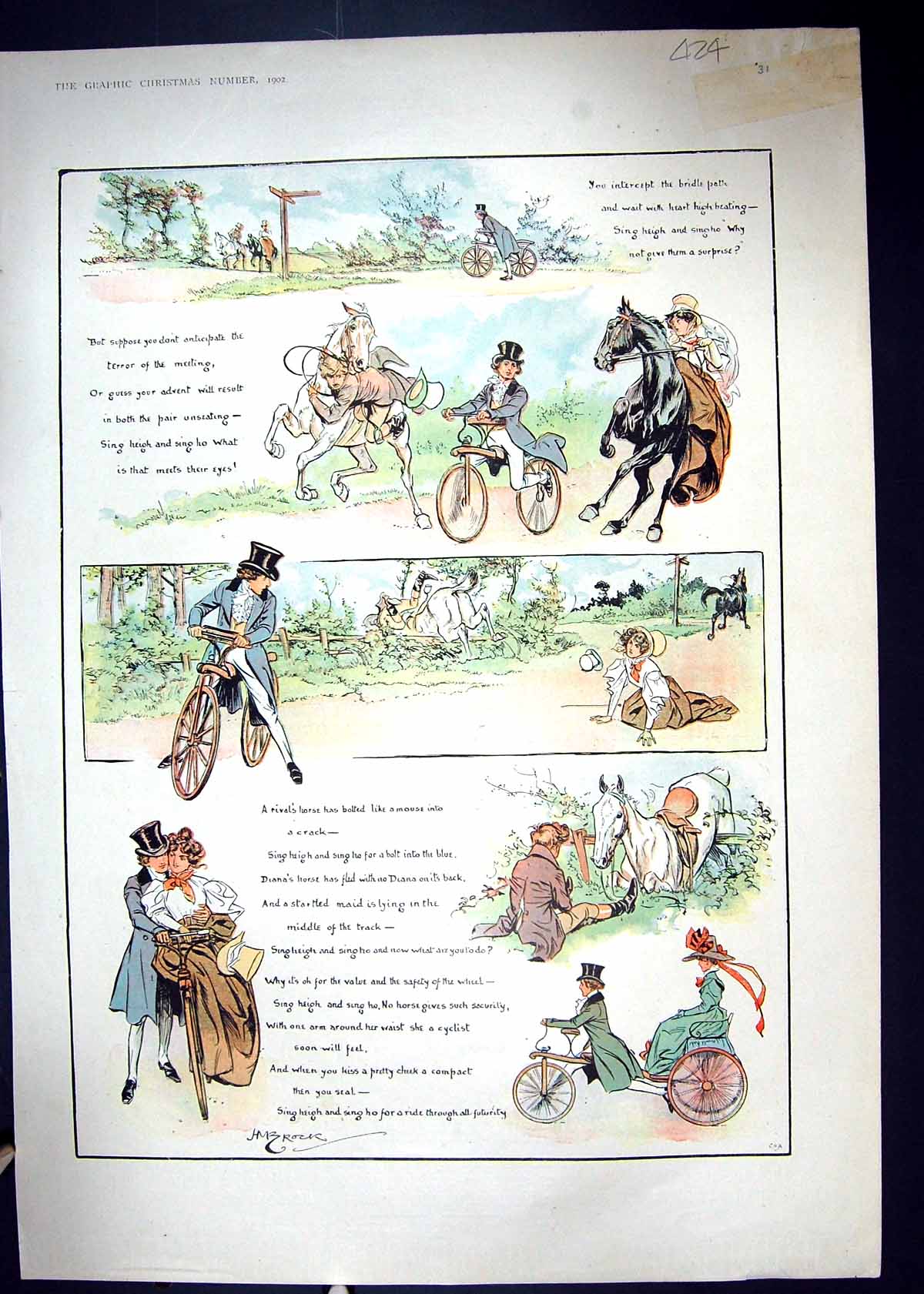 Old Antique Print 1902 Colour Romance Lady Man Horse Illustration Story 20th