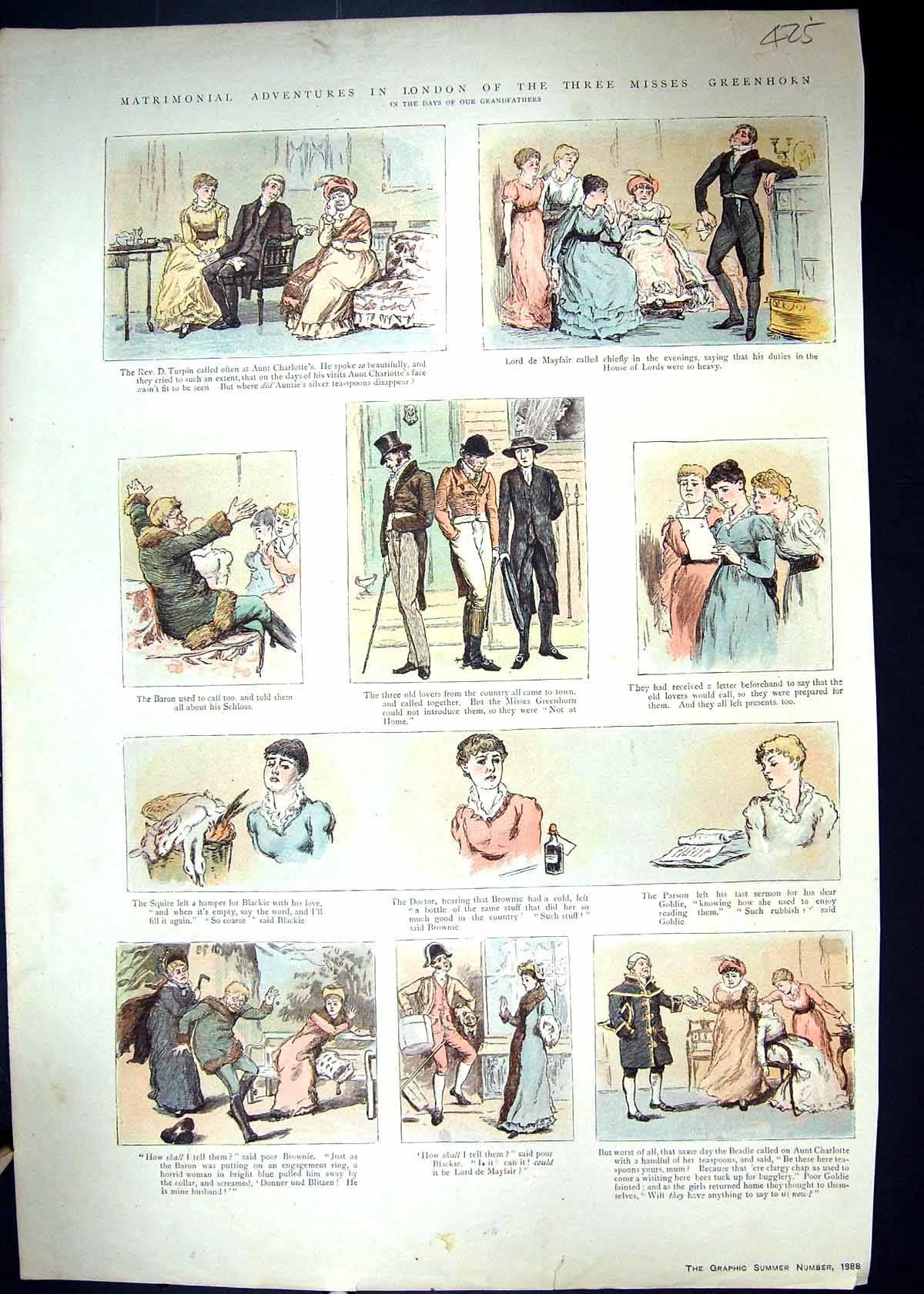Old Print 1888 Colour Matrimonial Adventures London Greenhorn Rev. Turpin 19th