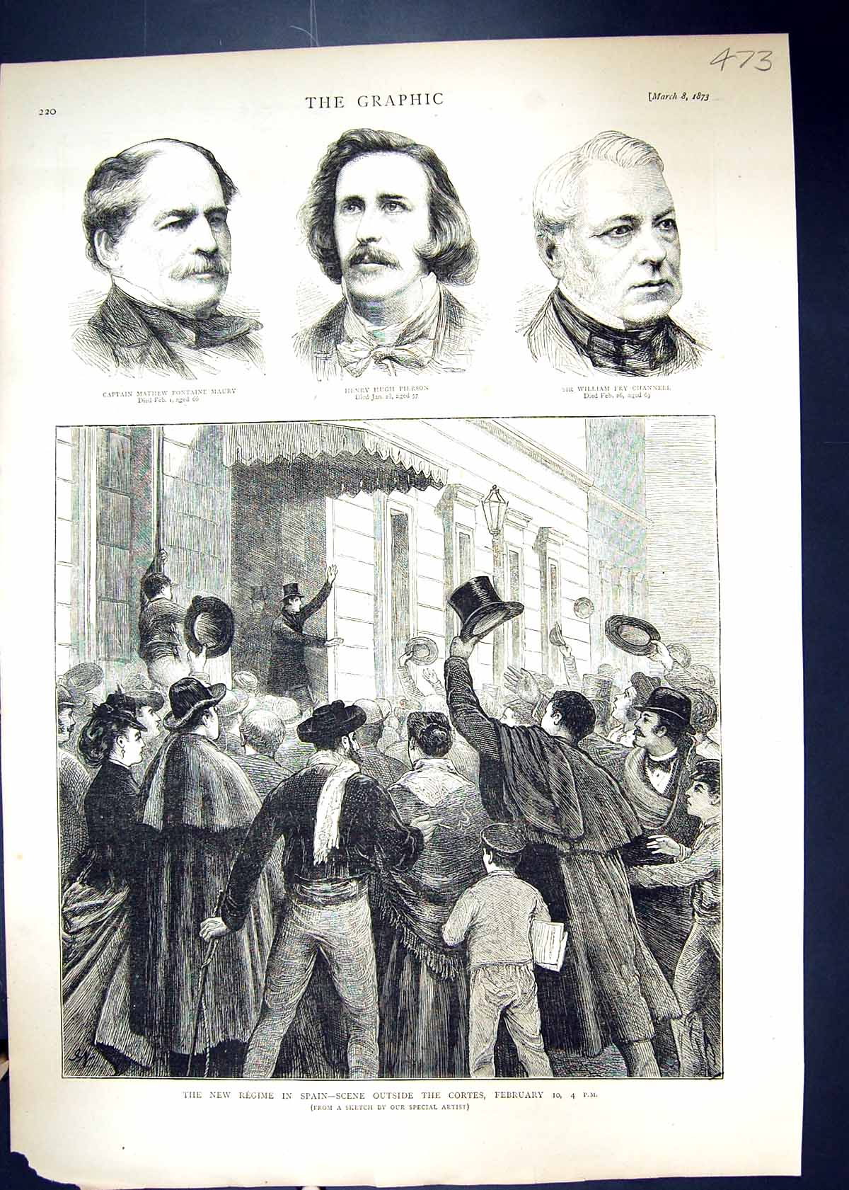 Old Print 1873 Spain Cortes Captain Maury Henry Pierson William Channell 19th
