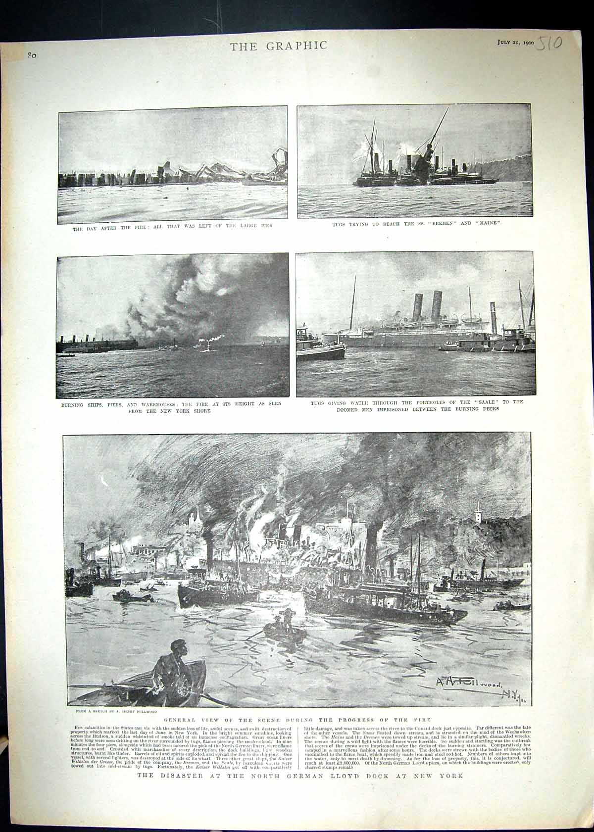 Old 1900 German Lloyd Dock New York Ships Fire Saale Bremen Maine Por 20th