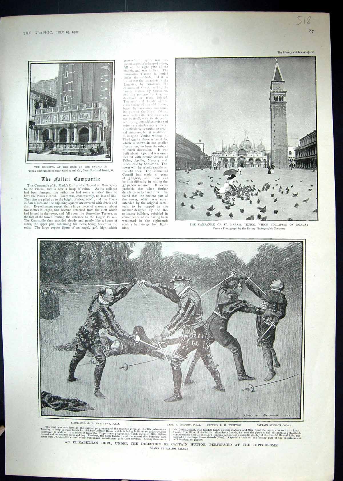 Old 1902 Duel Captain Hutton Matthews Whittow Cooke Campanile Venice 20th