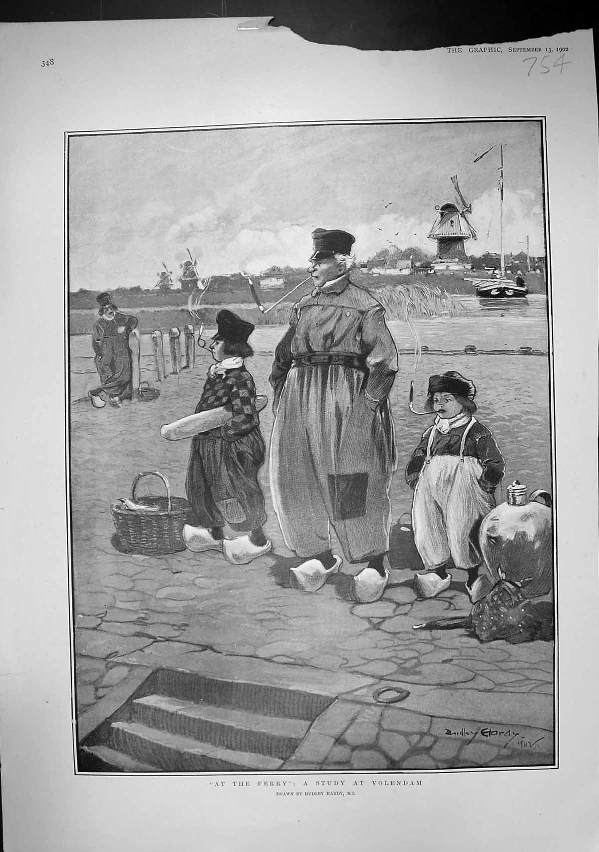 Old 1902 Ferry Scene Volendam Windmill Lord Connemara Feraon Seymour 20th