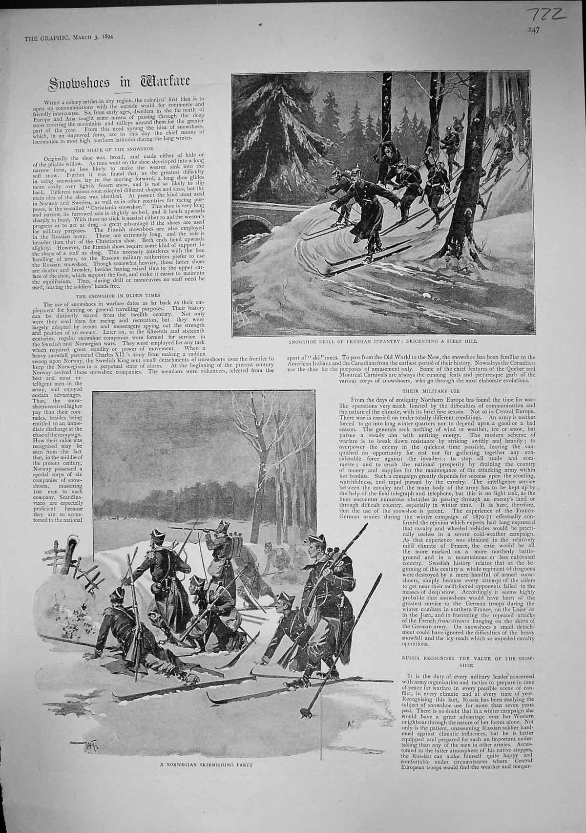Old Print 1894 Snowshoes Drill Prussian Siers Norway Finnish Regiment Au 19th
