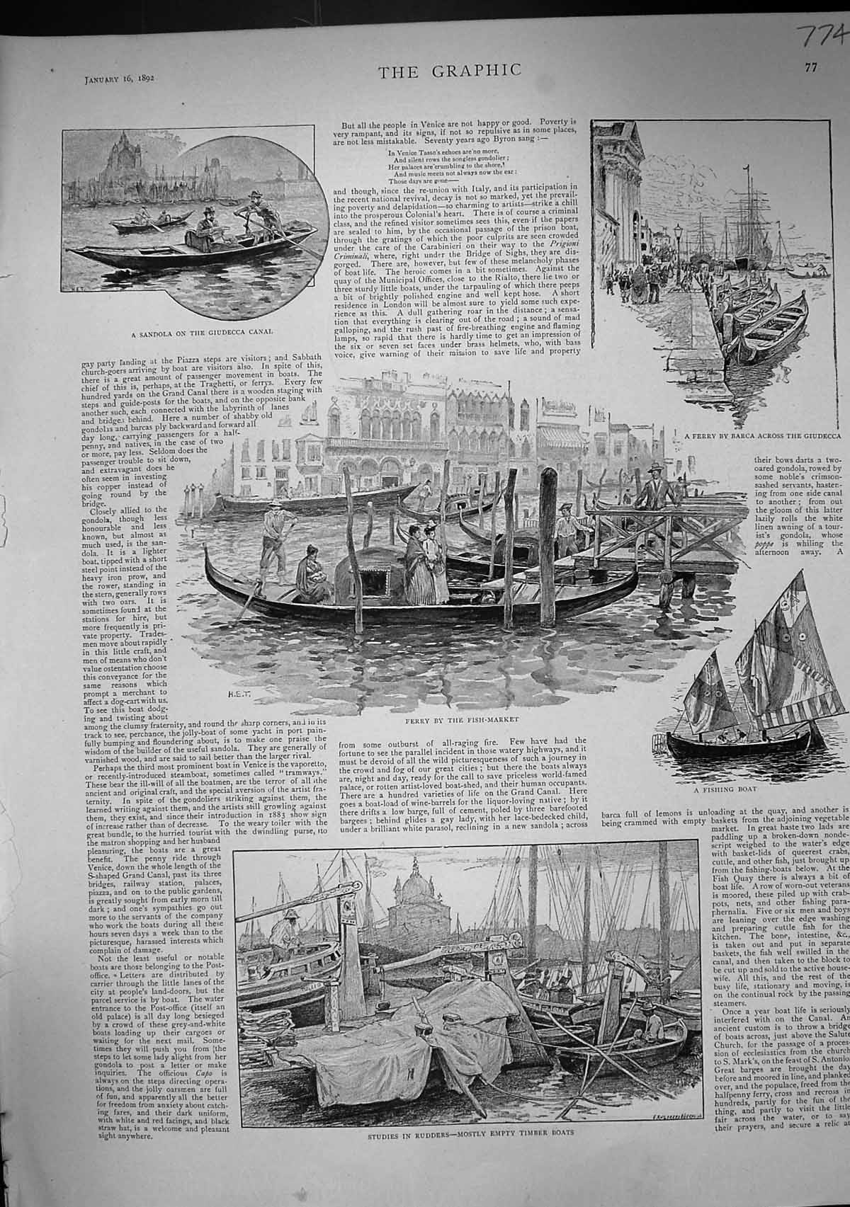 Old 1892 Boats Venice Gondolas Piazza Marco Canal Steamboats Crab Pot Victorian