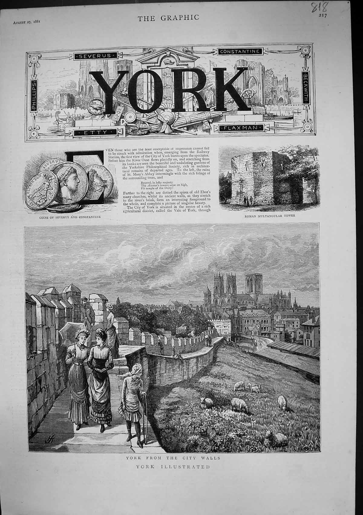 Old 1881 York City Walls Roman Multangular Tower Coins Bust Emperor S Victorian