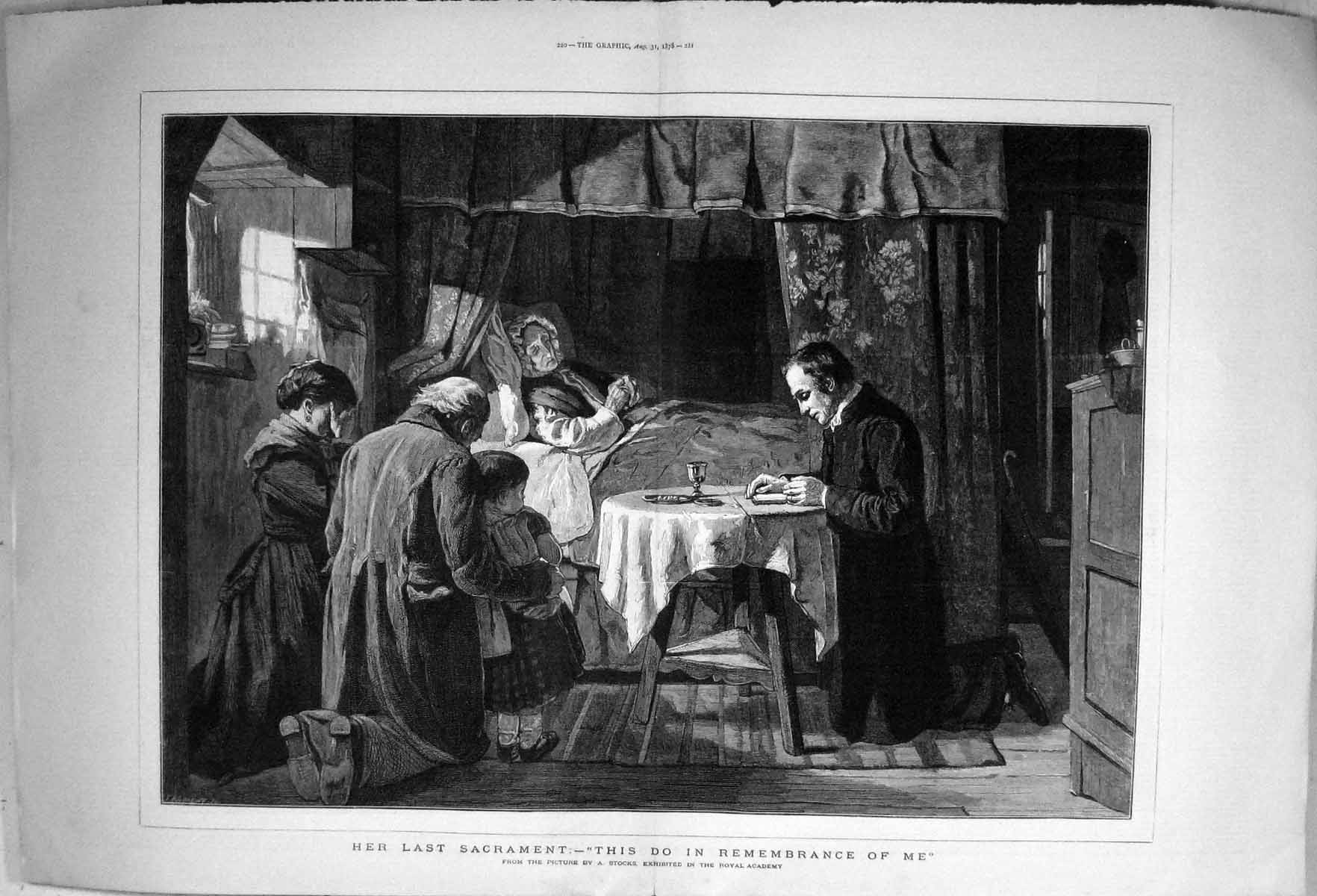 Old 1878 Scene Last Sacrament Dying Woman Bed Family Stocks Fine Art Victorian