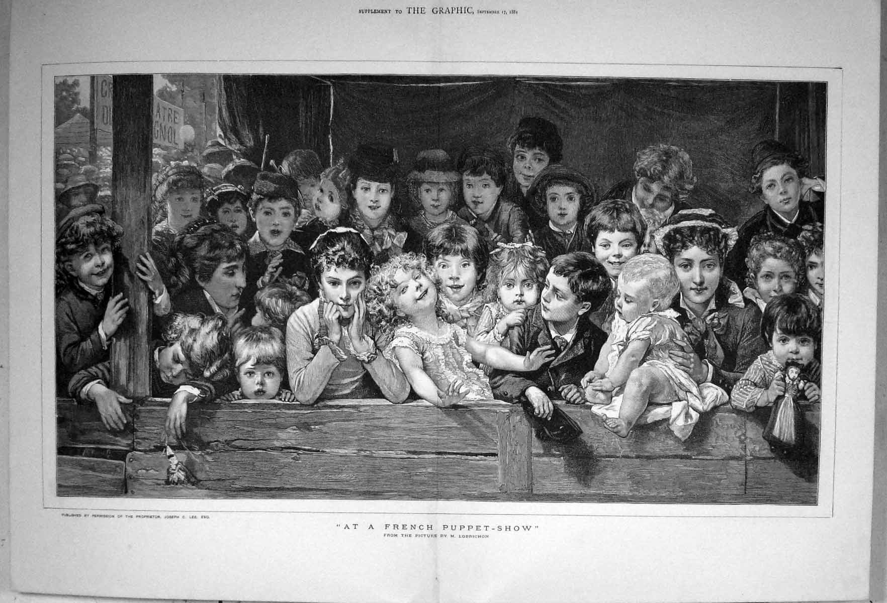 Old Print 1881 French Puppet Show Children Entertainment France Lobrichon 19th