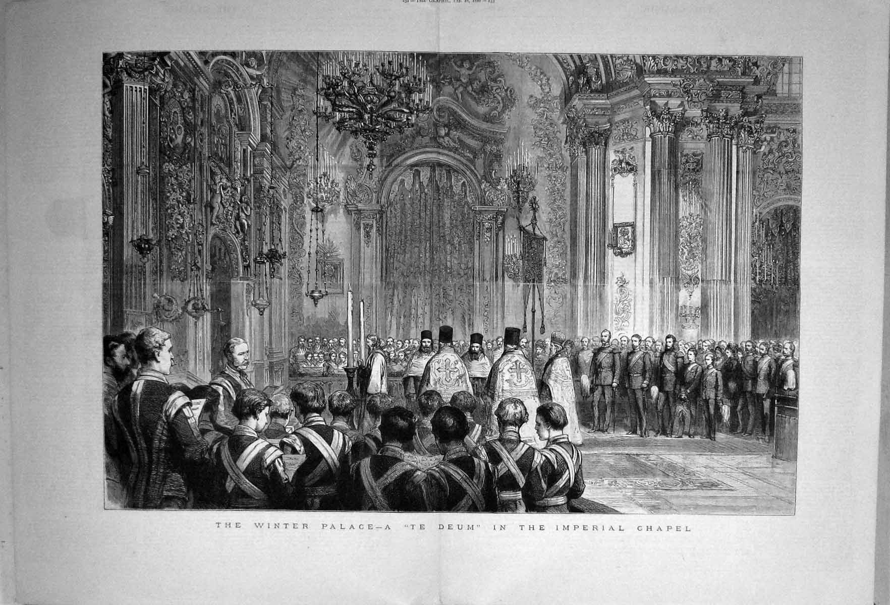 Original Old Antique Print 1880 Winter Palace Russia Deum Imperial Chapel 19th