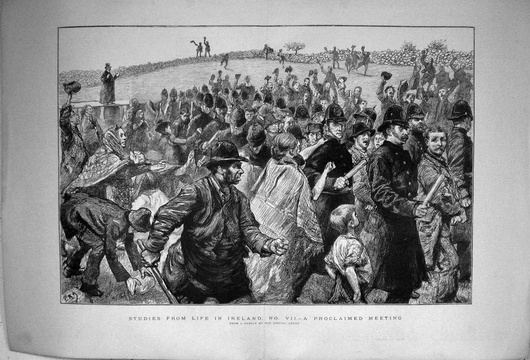 Original Old Antique Print 1888 Scene Ireland Proclaimed Meeting Policemen 19th