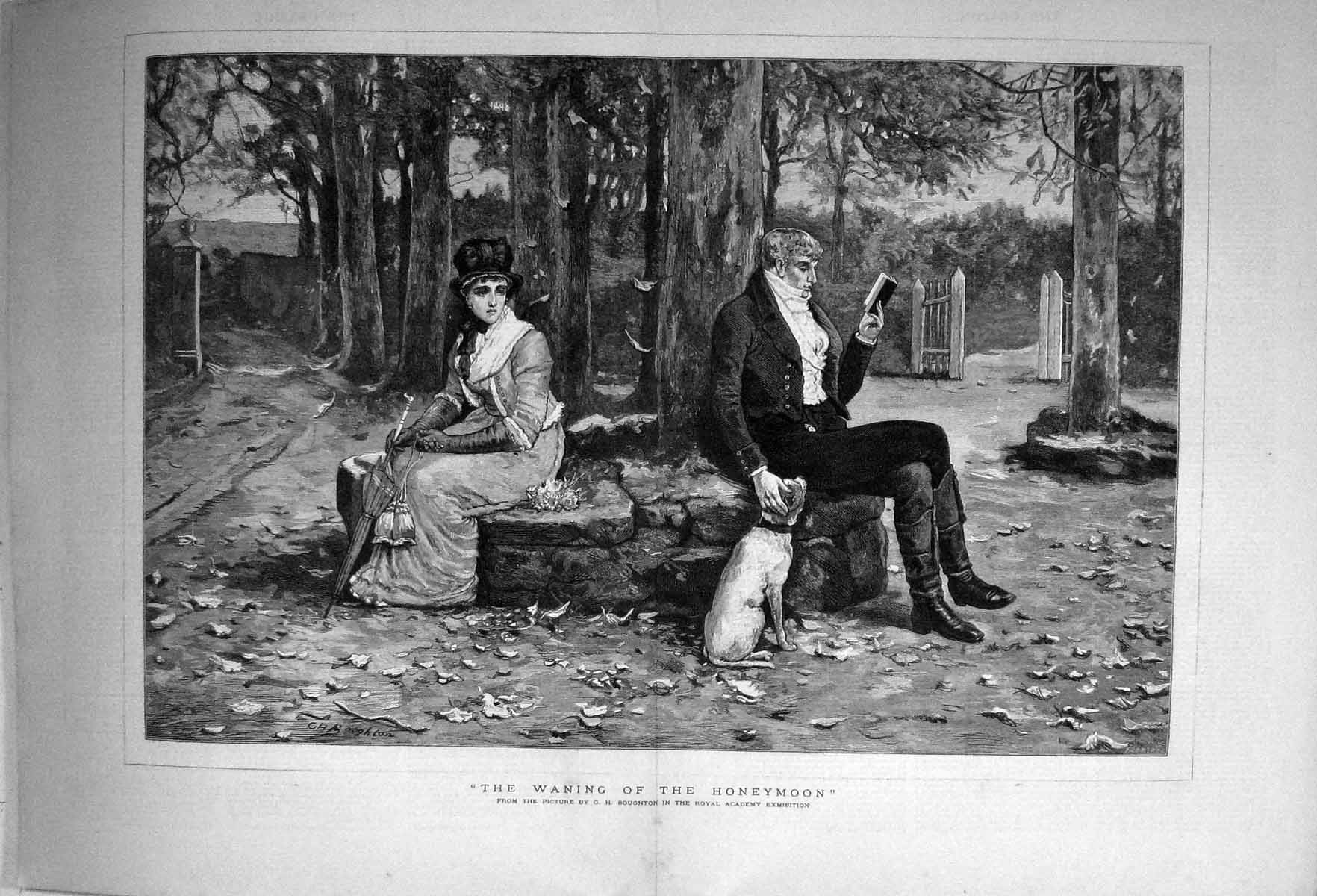 Antique Print 1878 Waning Honeymoon Man Lady Romance Reading Book Boughton 19th