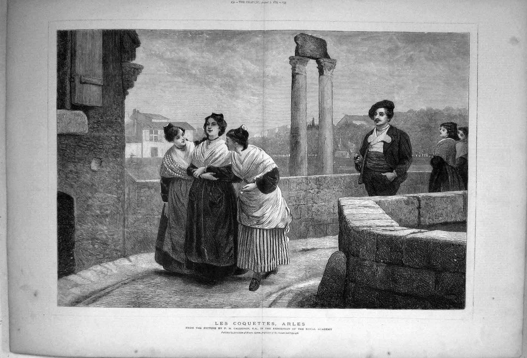 Antique Print 1875 Les Coquettes Arles Ladies France Calderon Royal Academy