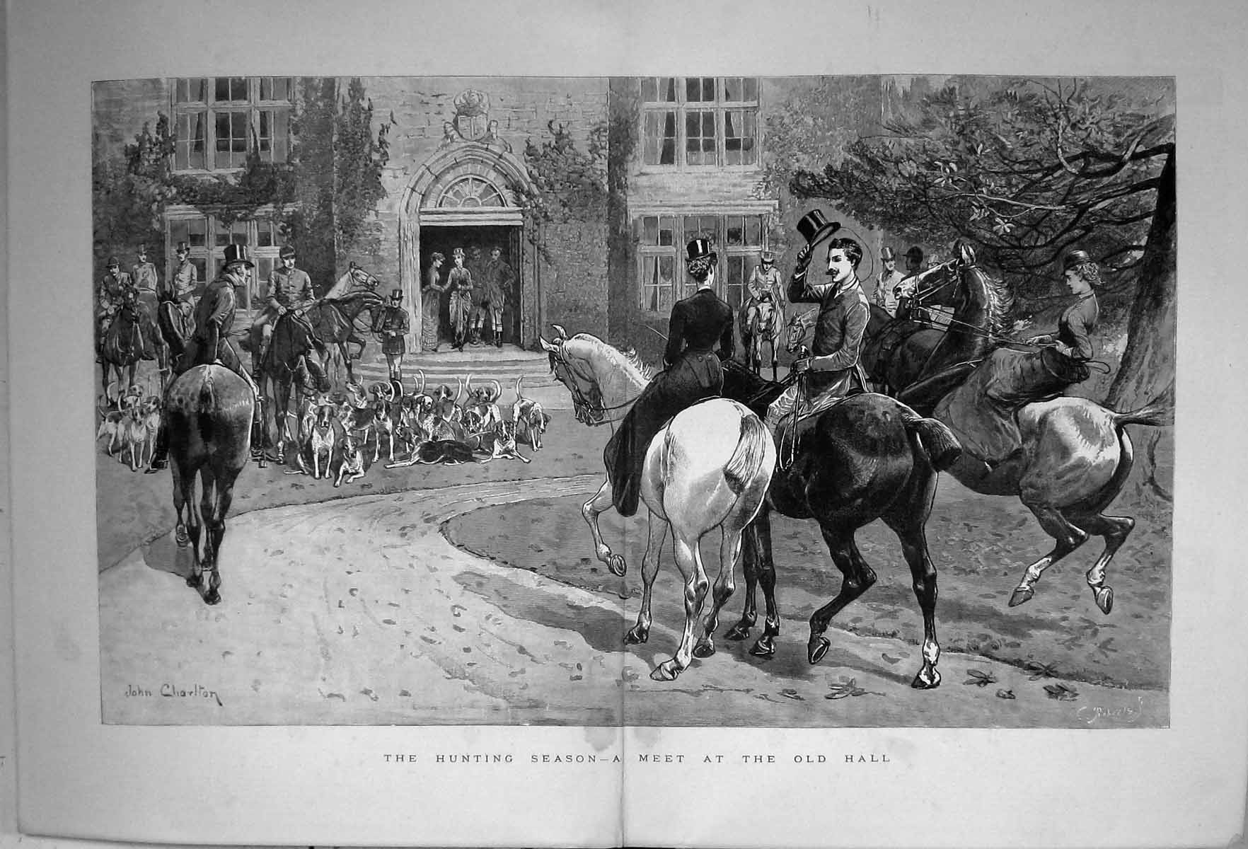 Antique Print 1886 Hunting Season Meet Hall Huntsmen Horses Hounds Dogs Spo