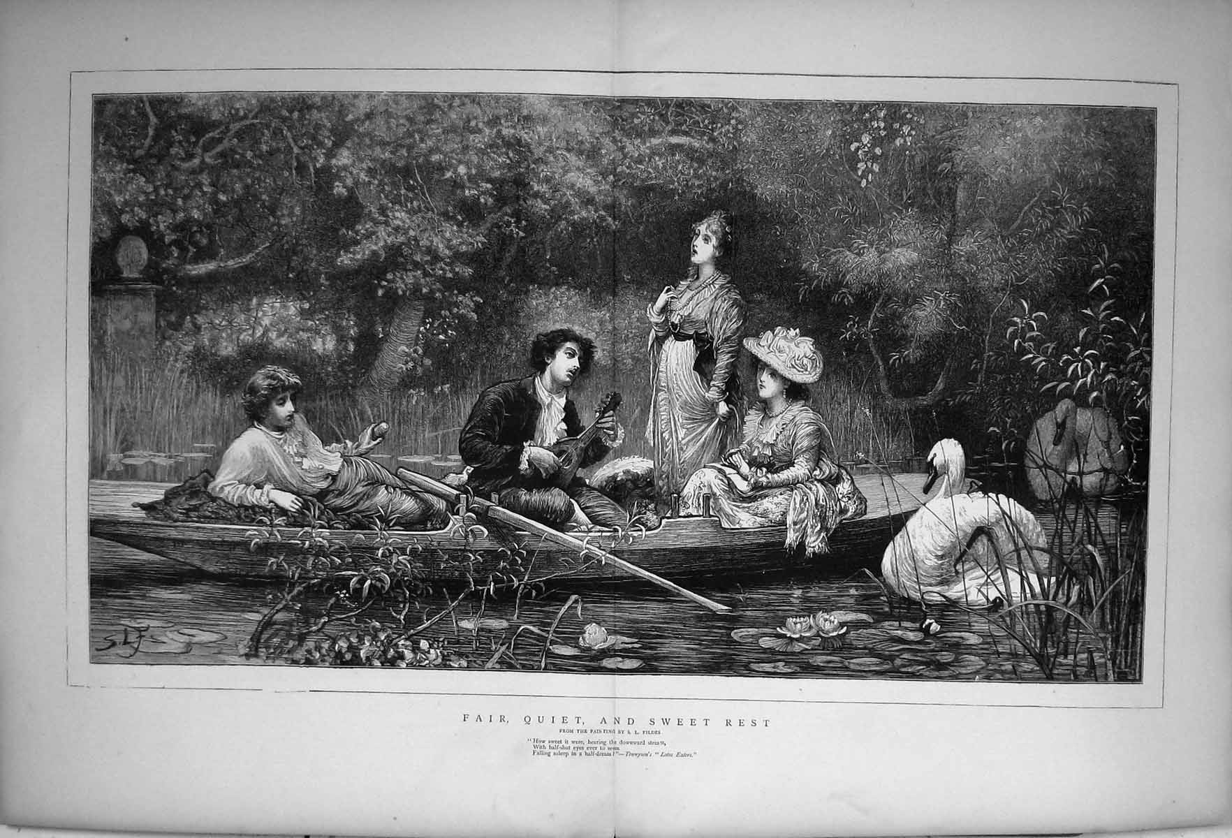 Old 1874 Fair Quiet Sweet Rest River Boat Romance Swans Fine Art Fild Victorian