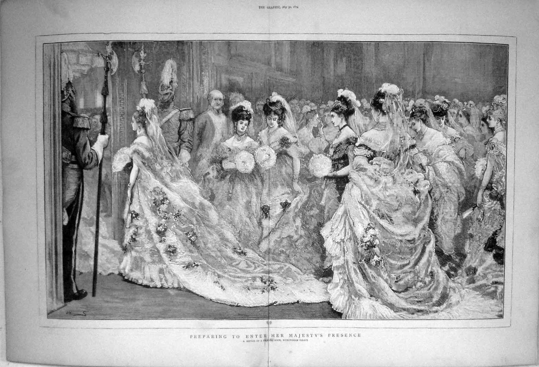 Antique Old Print 1874 Drawing Room Buckingham Palace Ladies Preparing Enter