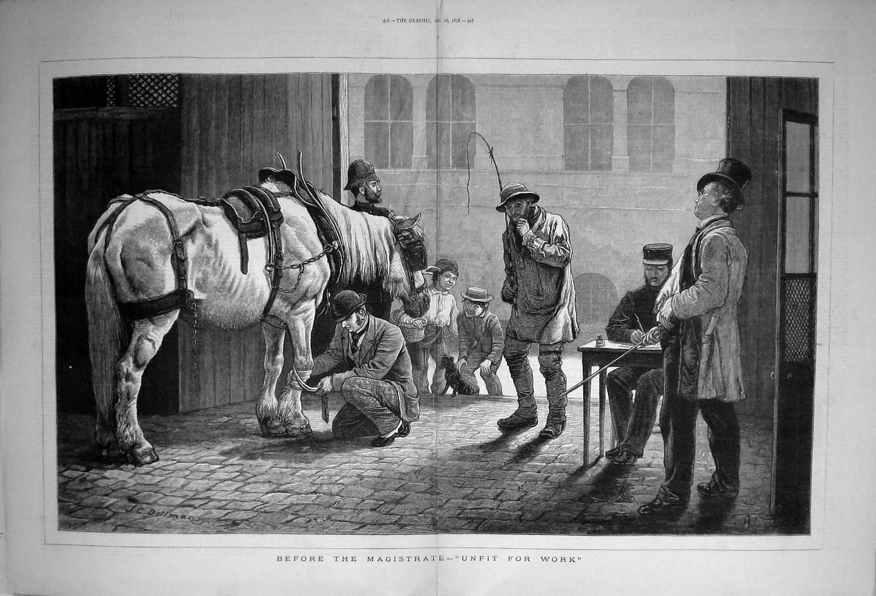 Antique Old Print 1878 Horse Unfit Work Before Magistrate Policeman Fine Art