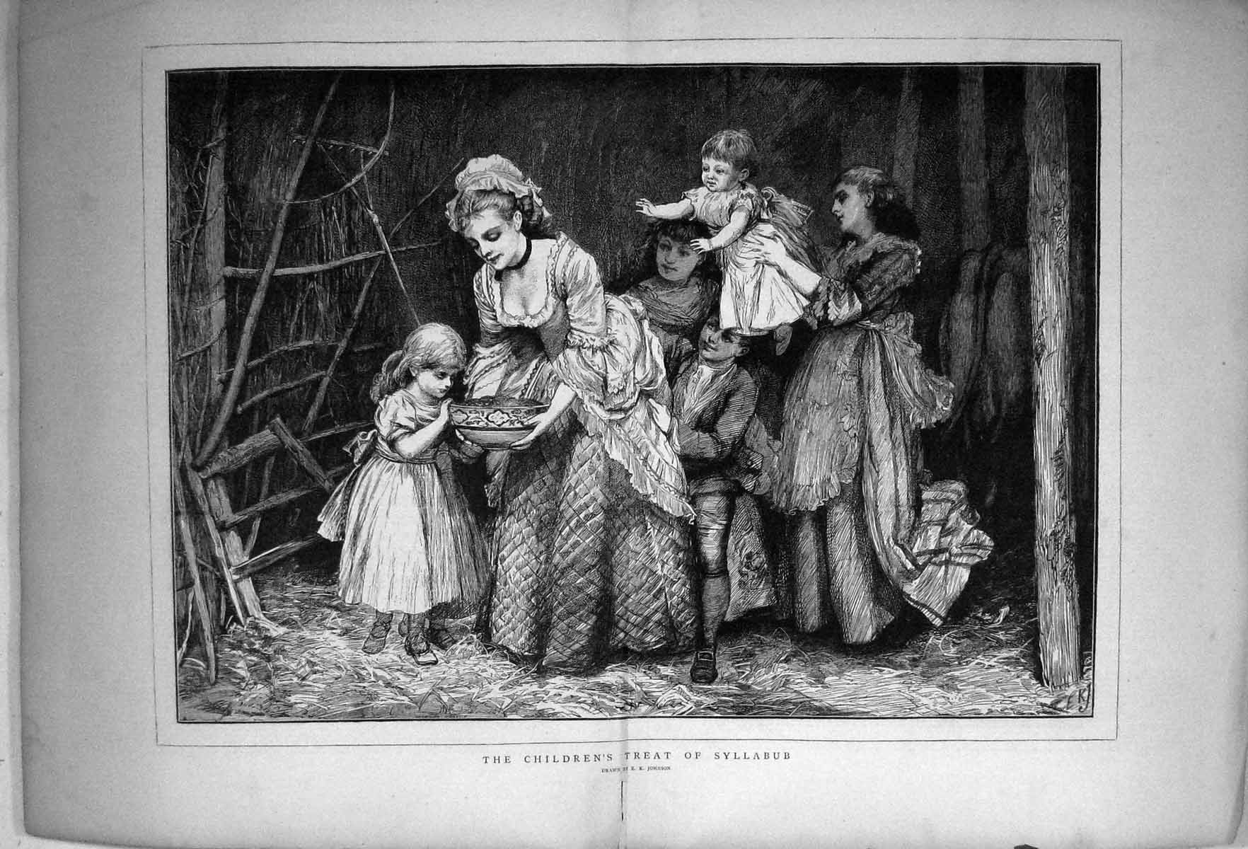 Original Old Antique Print 1874 Children Treat Syllabub Johnson 19th