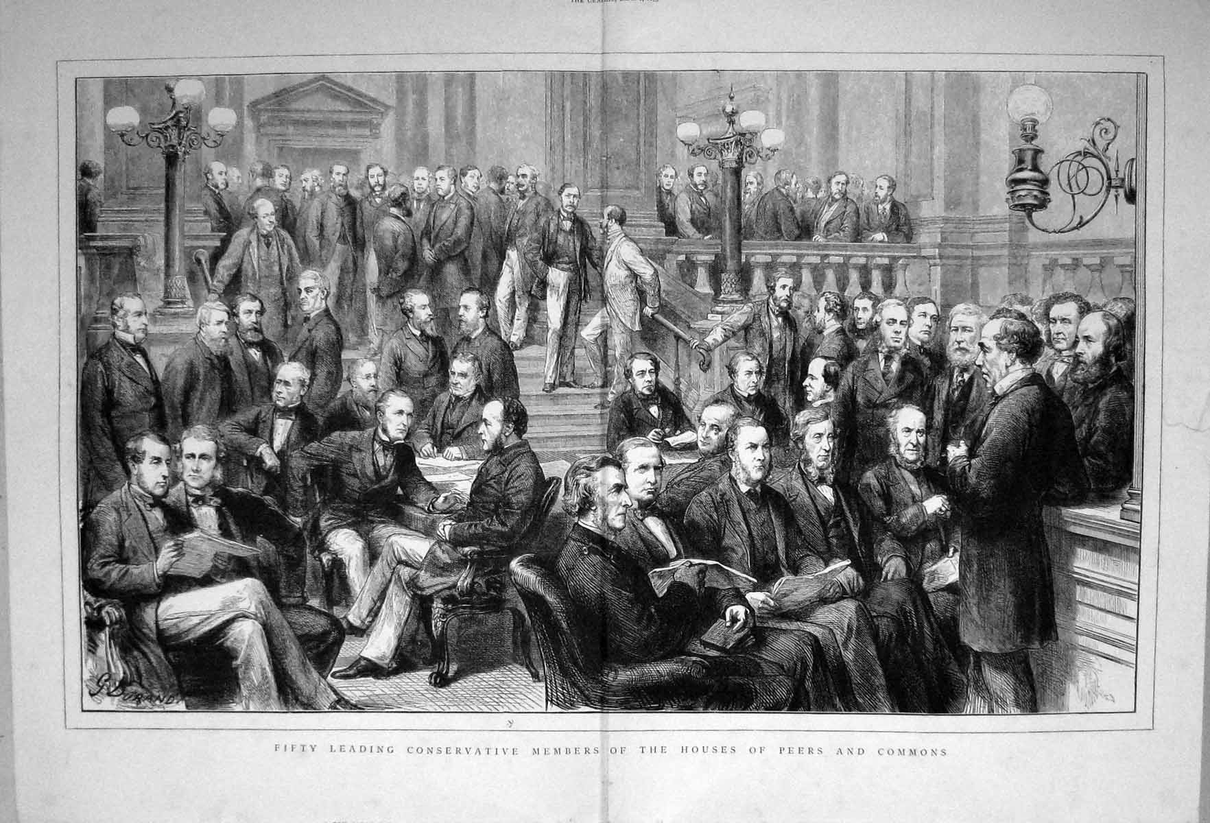 Antique Old Print 1873 Conservative Members House Peers Commons Men Meeting