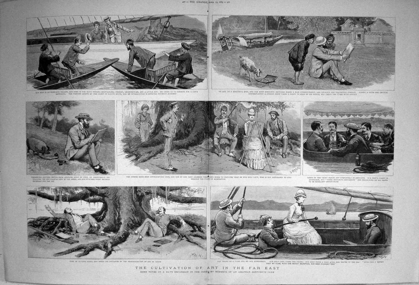 Original Old Antique Print 1889 Amateur Sketching Club Boat Day Excursion Corea