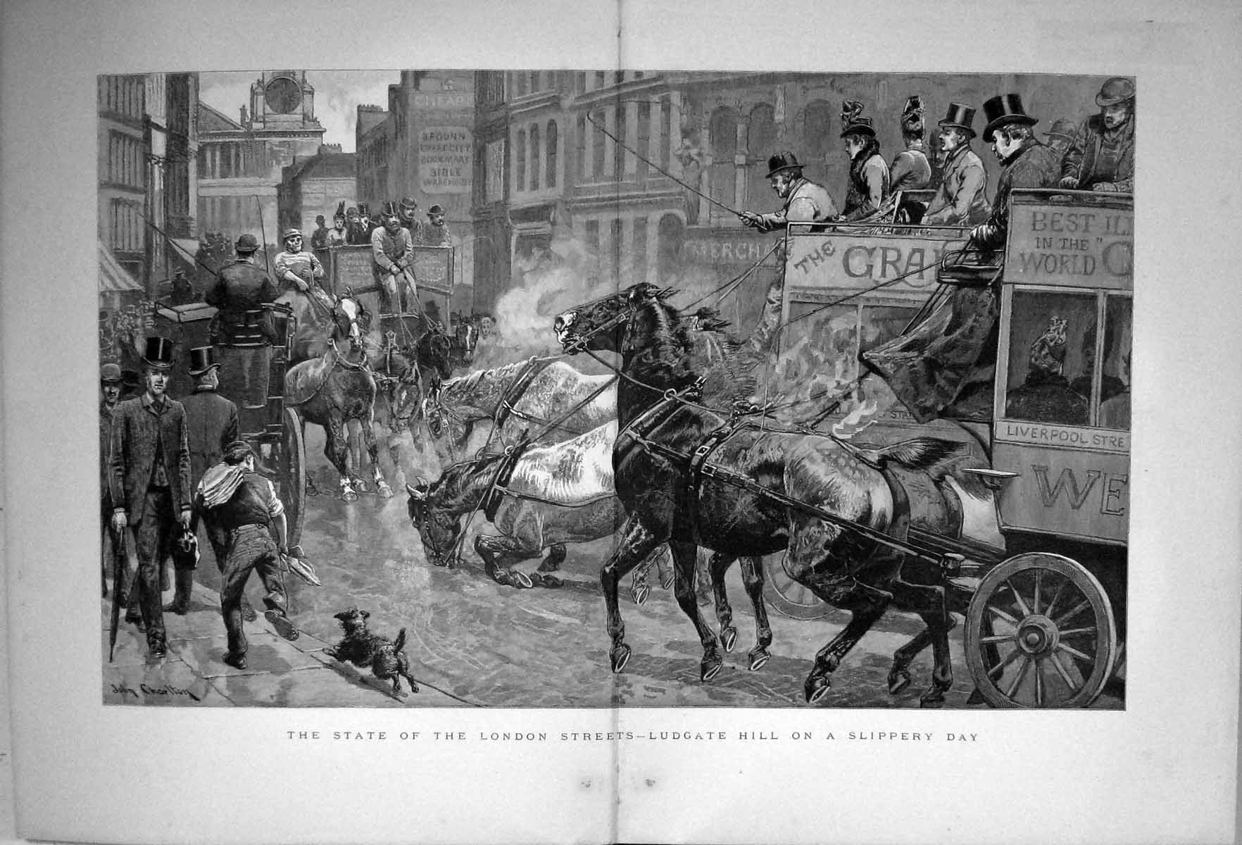 Old 1889 Scene London Street Ludgate Hill Horses Slipping Coach Fine Victorian