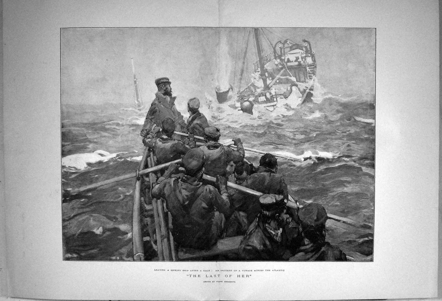 Old C1880 Scene Life-Boat Leaving Sinking Ship Voyage Atlantic Ocean Victorian