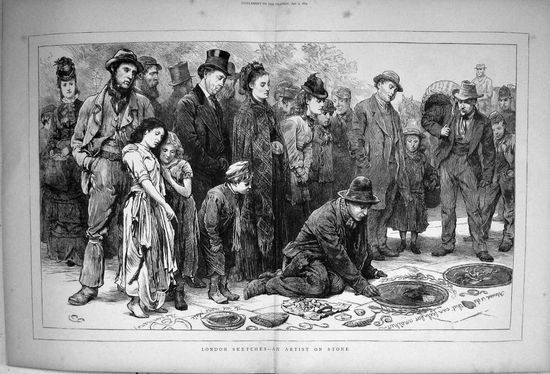 Original Old Antique Print 1874 London Sketch Artist Stone Pavement Art 19th