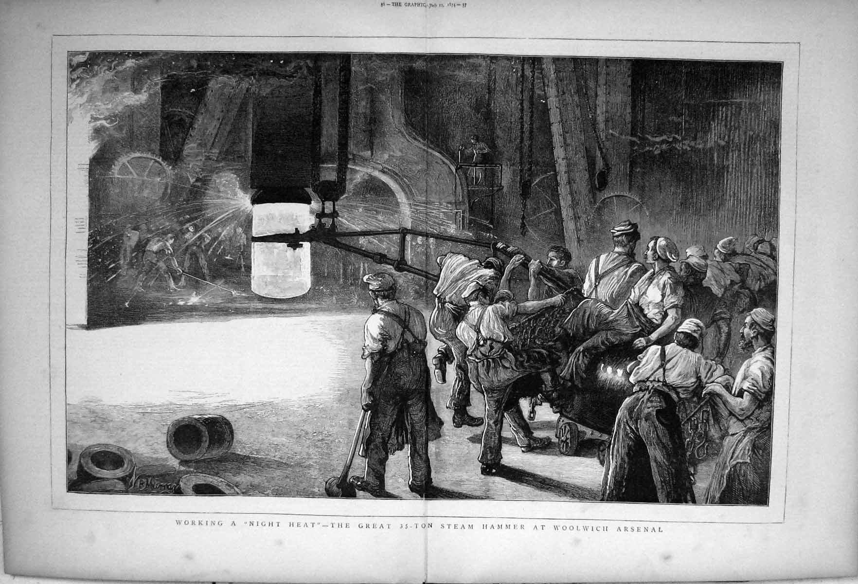 Antique Old Print 1874 Great 35-Ton Steam Hammer Woolwich Arsenal Manufacture