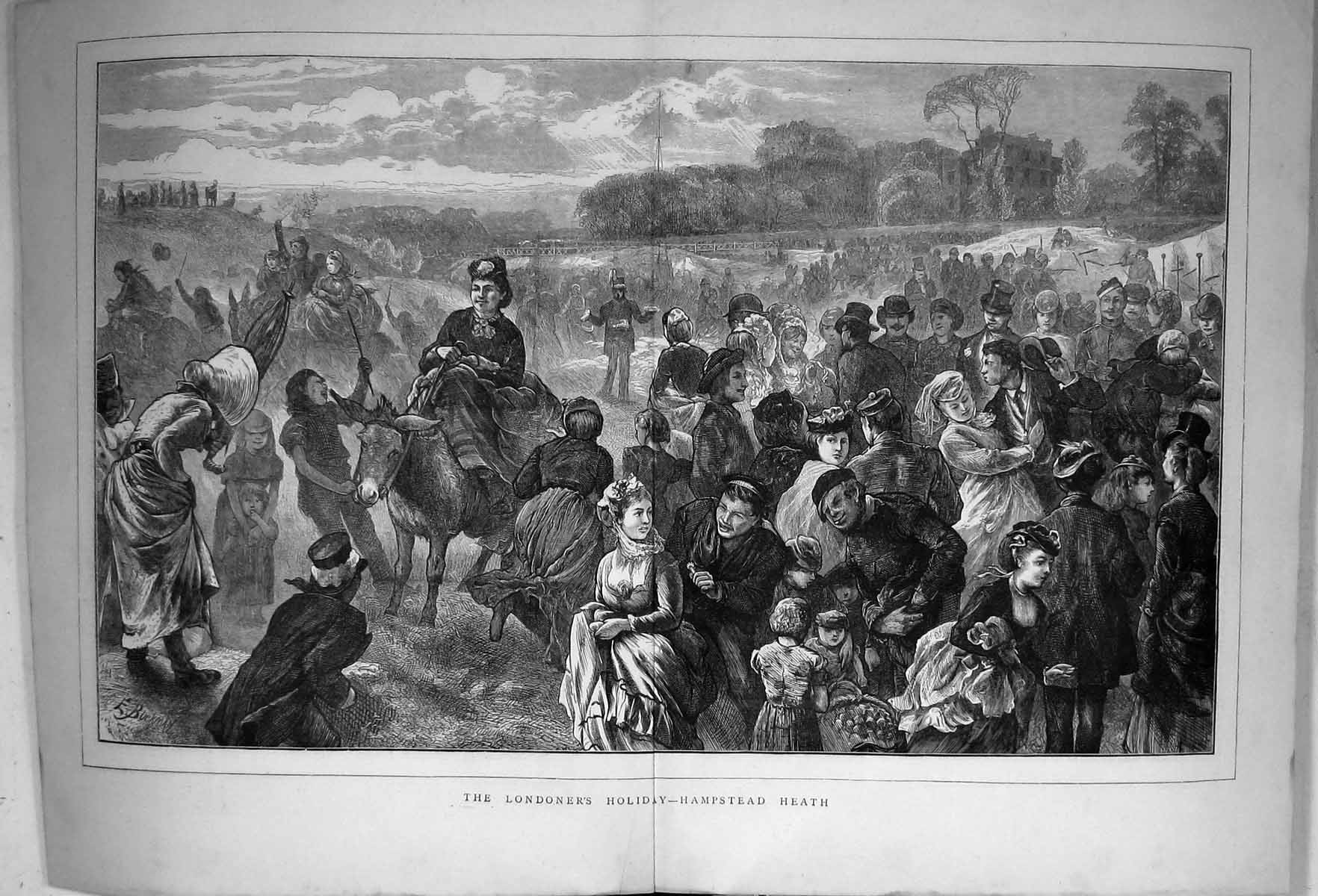 Old Print 1871 Londoners Holiday Hampstead Heath Family Children Fine Art 19th