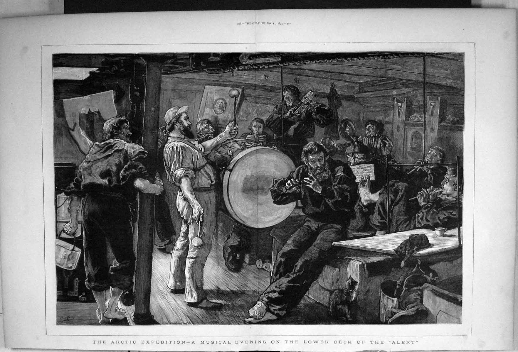 Antique Print 1875 Arctic Expedition Musical Evening Lower Deck Alert Ship 19th
